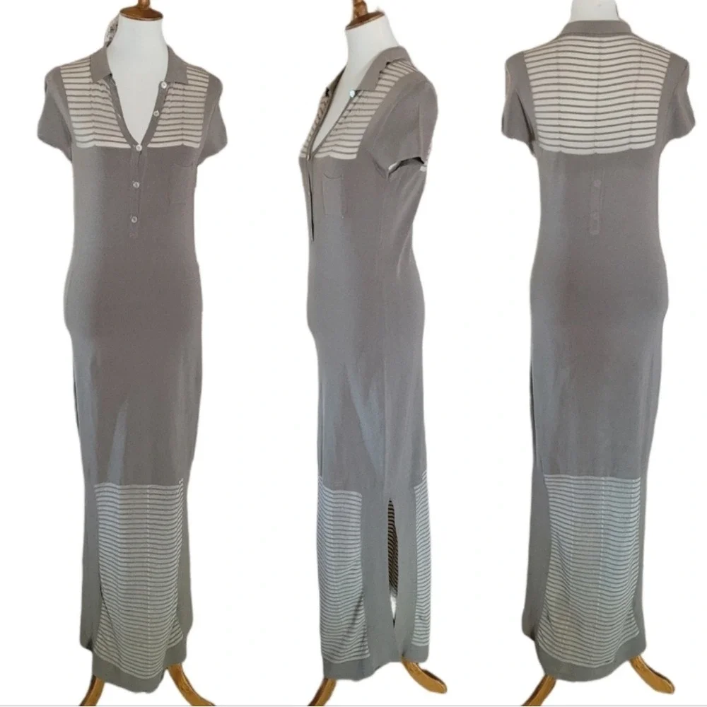 Vintage‎ 70's Gray and Cream Stripe Knit Maxi Dress